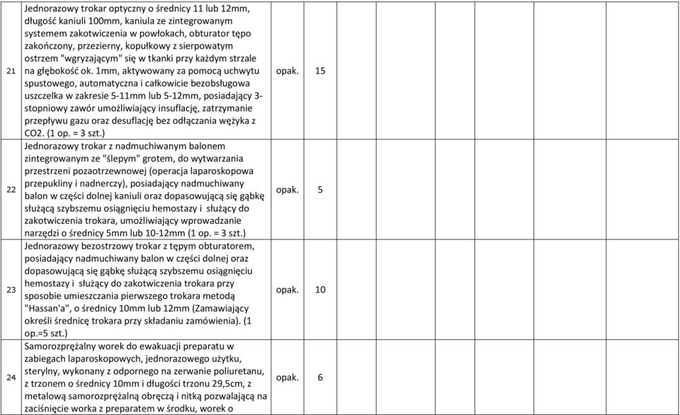 1mm, aktywowany za pomocą uchwytu spustowego, automatyczna i całkowicie bezobsługowa uszczelka w zakresie 5-11mm lub 5-12mm, posiadający 3- stopniowy zawór umożliwiający insuflację, zatrzymanie