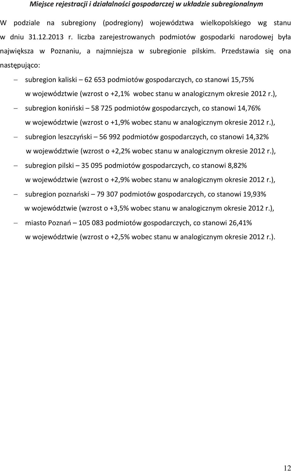 Przedstawia się ona następująco: subregion kaliski 62 653 podmiotów gospodarczych, co stanowi 15,75% w województwie (wzrost o +2,1% wobec stanu w analogicznym okresie 2012 r.