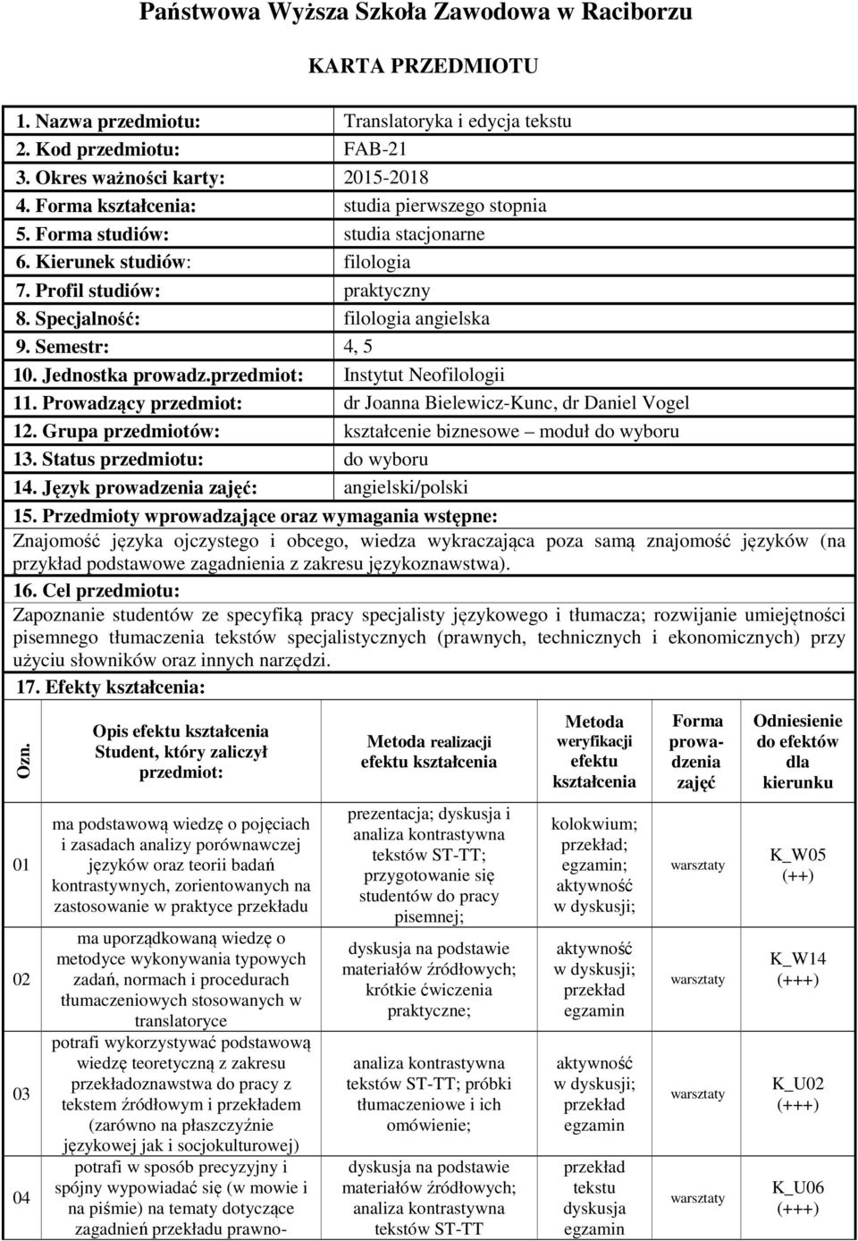 Jednostka prowadz.przedmiot: Instytut Neofilologii 11. Prowadzący przedmiot: dr Joanna Bielewicz-Kunc, dr Daniel Vogel 12. Grupa przedmiotów: kształcenie biznesowe moduł do wyboru 13.