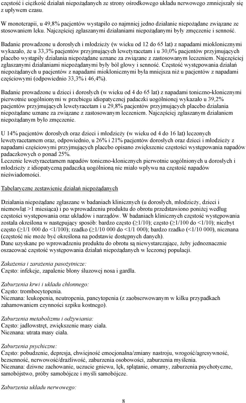 Badanie prowadzone u dorosłych i młodzieży (w wieku od 12 do 65 lat) z napadami mioklonicznymi wykazało, że u 33,3% pacjentów przyjmujących lewetyracetam i u 30,0% pacjentów przyjmujących placebo