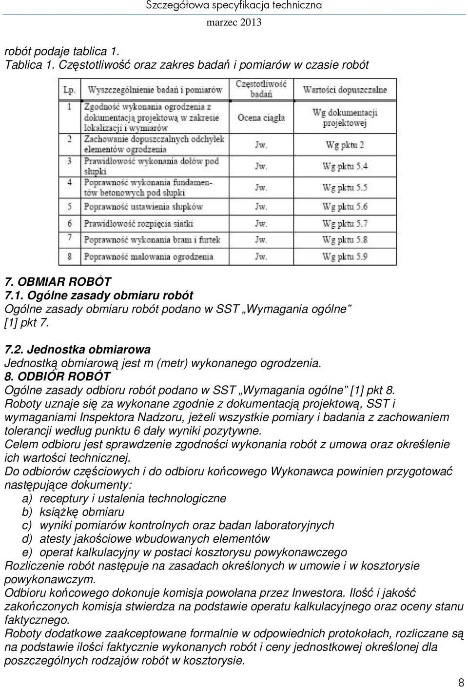 Roboty uznaje się za wykonane zgodnie z dokumentacją projektową, SST i wymaganiami Inspektora Nadzoru, jeŝeli wszystkie pomiary i badania z zachowaniem tolerancji według punktu 6 dały wyniki