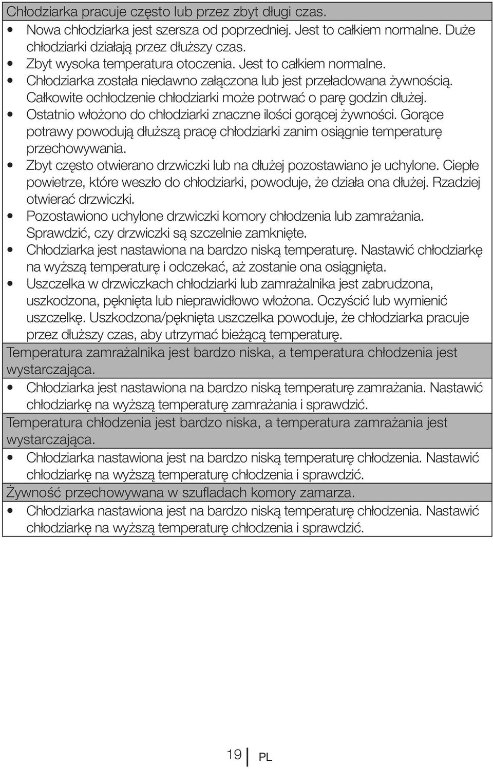 Całkowite ochłodzenie chłodziarki może potrwać o parę godzin dłużej. Ostatnio włożono do chłodziarki znaczne ilości gorącej żywności.