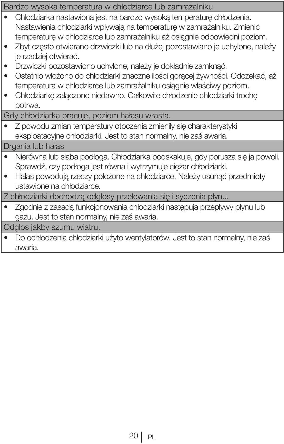 Drzwiczki pozostawiono uchylone, należy je dokładnie zamknąć. Ostatnio włożono do chłodziarki znaczne ilości gorącej żywności.