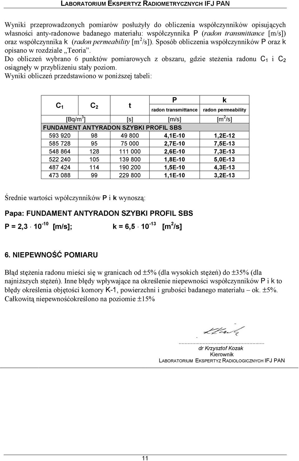 Do obliczeń wybrano 6 punktów pomiarowych z obszaru, gdzie steżenia radonu C 1 i C 2 osiągnęły w przybliżeniu stały poziom.