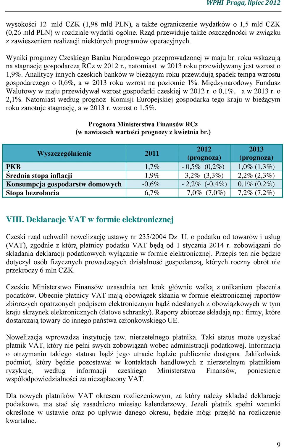 roku wskazują na stagnację gospodarczą RCz w 2012 r., natomiast w 2013 roku przewidywany jest wzrost o 1,9%.