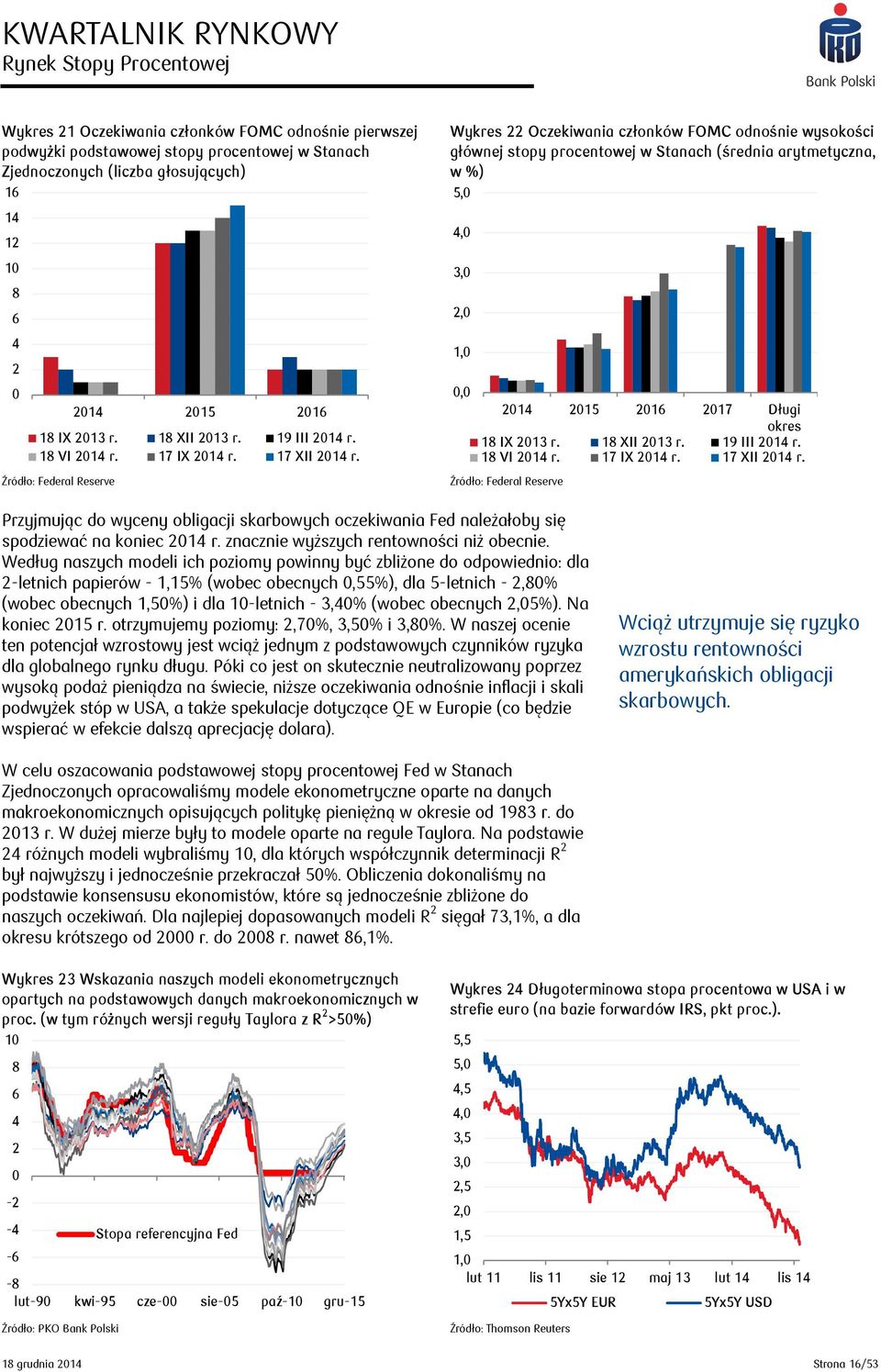 Wykres 22 Oczekiwania członków FOMC odnośnie wysokości głównej stopy procentowej w Stanach (średnia arytmetyczna, w %) 5,0 4,0 3,0 2,0 1,0 0,0 2014 2015 2016 2017 Długi okres 18 IX 2013 r.