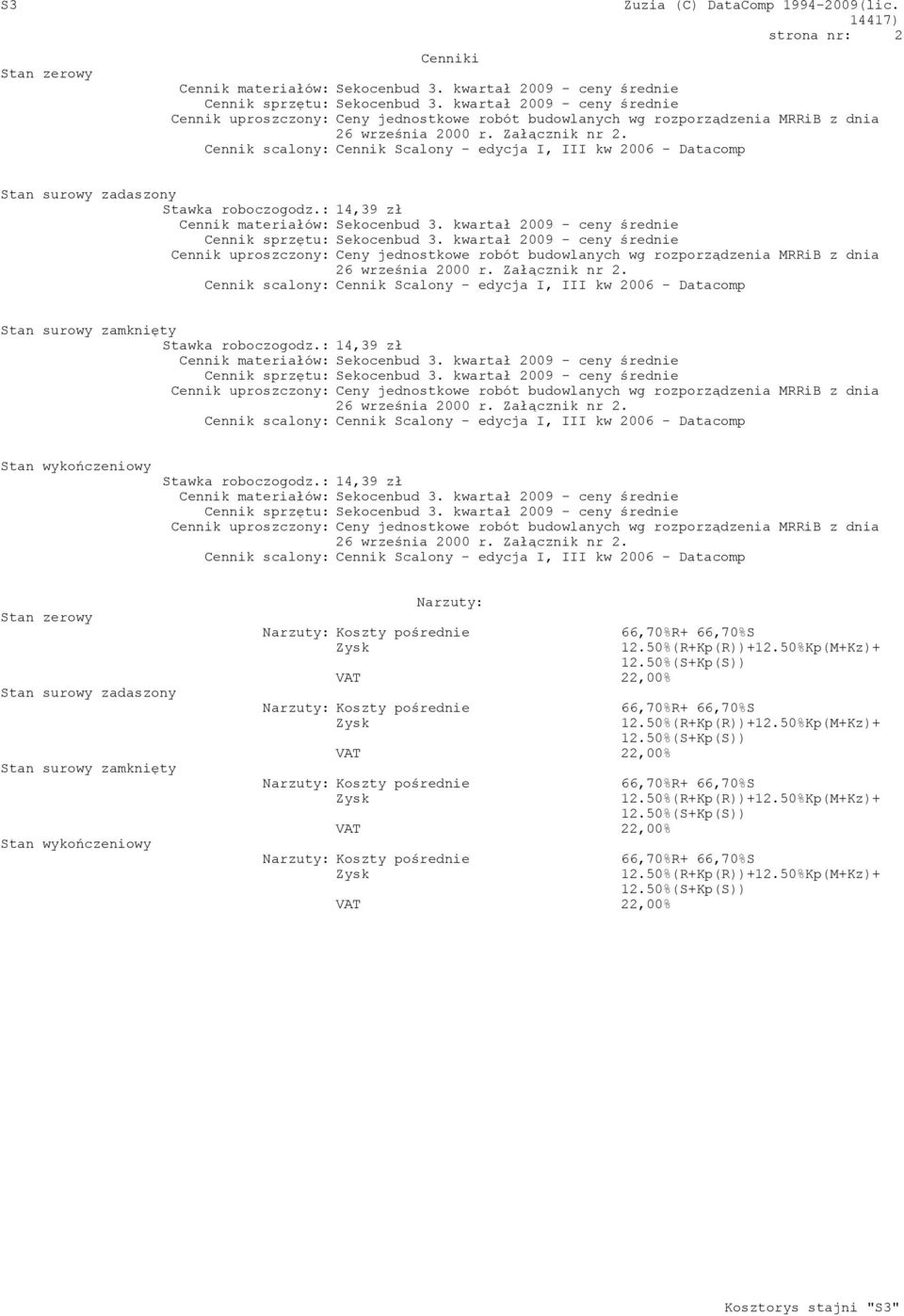 Cennik scalony: Cennik Scalony - edycja I, III kw 2006 - Datacomp Stan surowy zadaszony Stawka roboczogodz.: 14,39 zł Cennik materiałów: Sekocenbud 3.