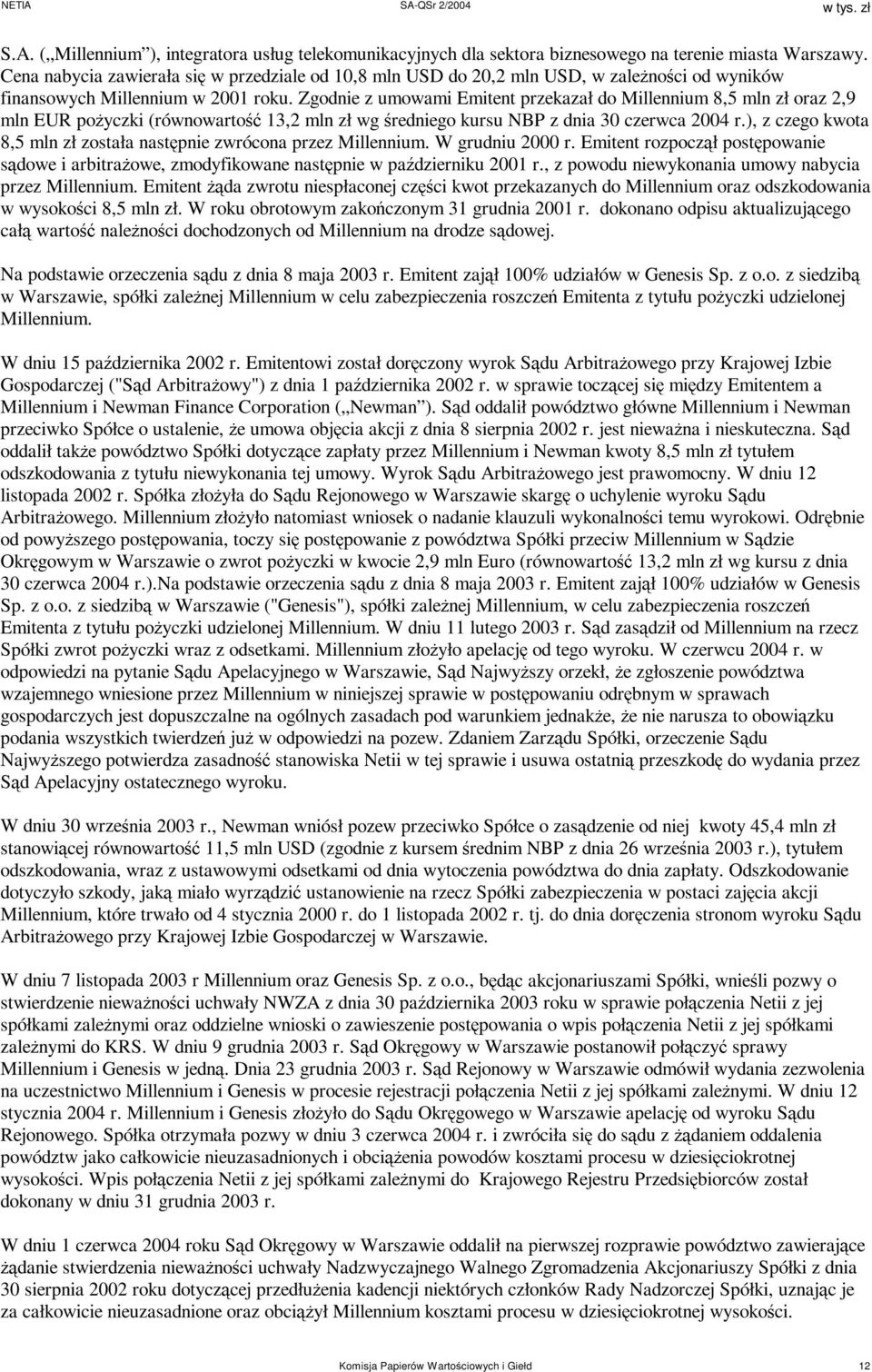 Zgodnie z umowami Emitent przekazał do Millennium 8,5 mln zł oraz 2,9 mln EUR pożyczki (równowartość 13,2 mln zł wg średniego kursu NBP z dnia 30 czerwca 2004 r.