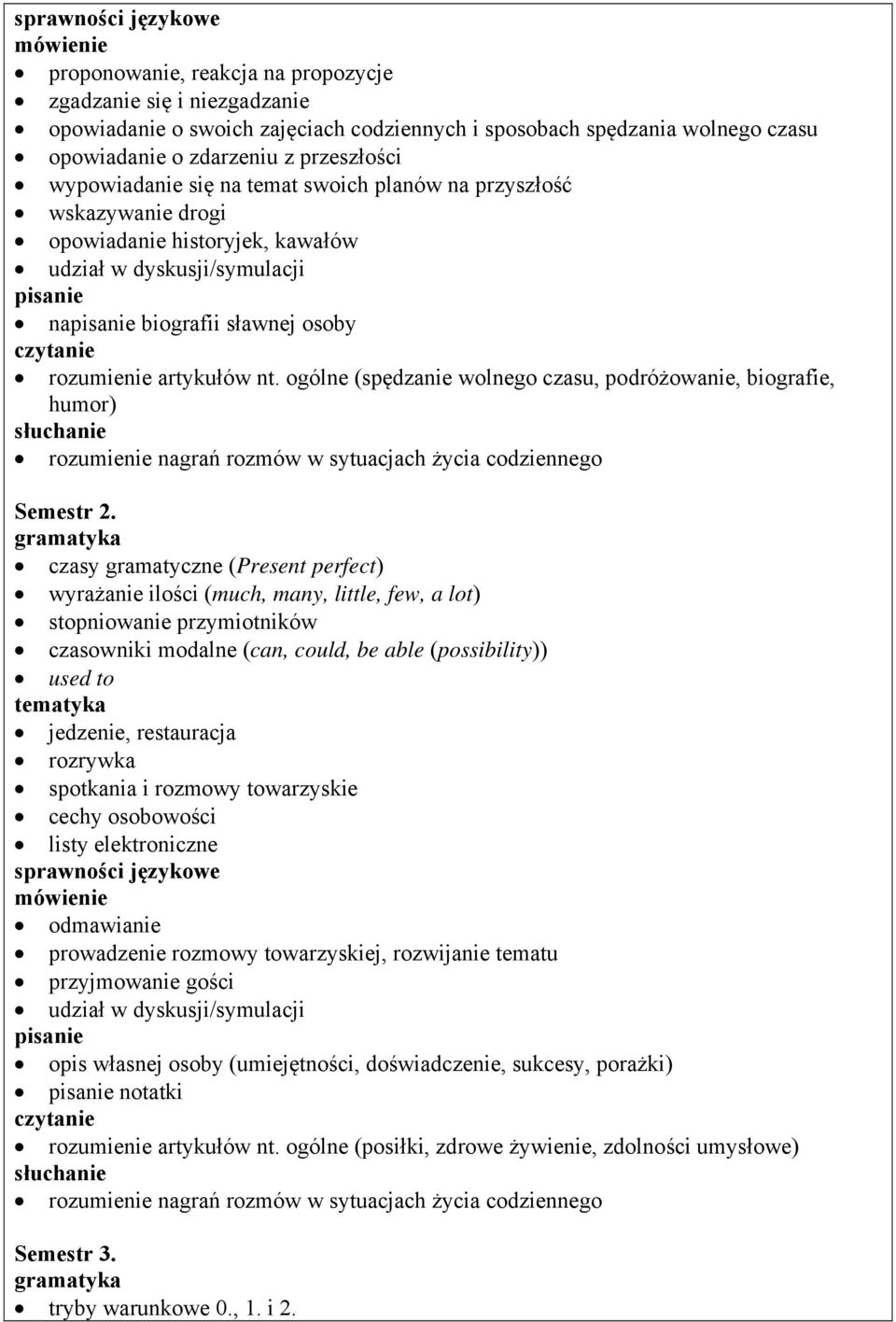ogólne (spędzanie wolnego czasu, podróżowanie, biografie, humor) rozumienie nagrań rozmów w sytuacjach życia codziennego Semestr 2.
