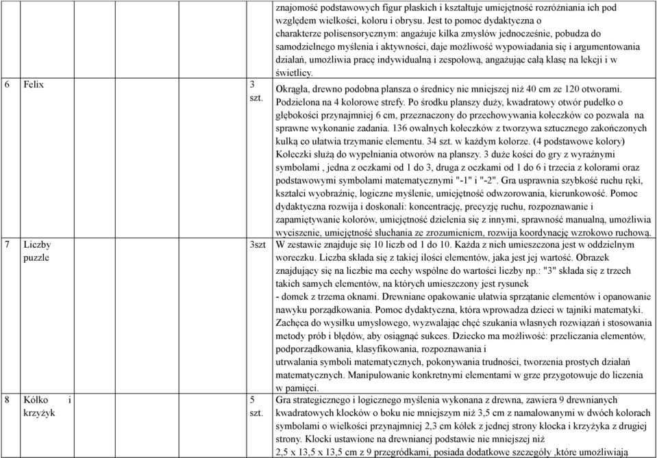 działań, umożliwia pracę indywidualną i zespołową, angażując całą klasę na lekcji i w świetlicy. Okrągła, drewno podobna plansza o średnicy nie mniejszej niż 40 cm ze 10 otworami.