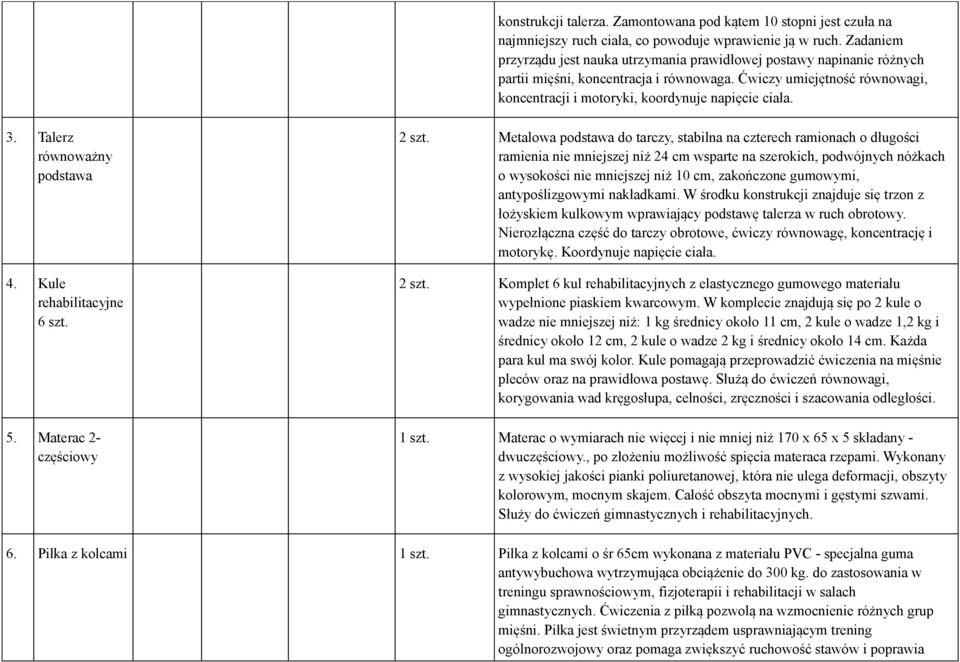 Ćwiczy umiejętność równowagi, koncentracji i motoryki, koordynuje napięcie ciała.. Talerz równoważny podstawa 4. Kule rehabilitacyjne 6 5.