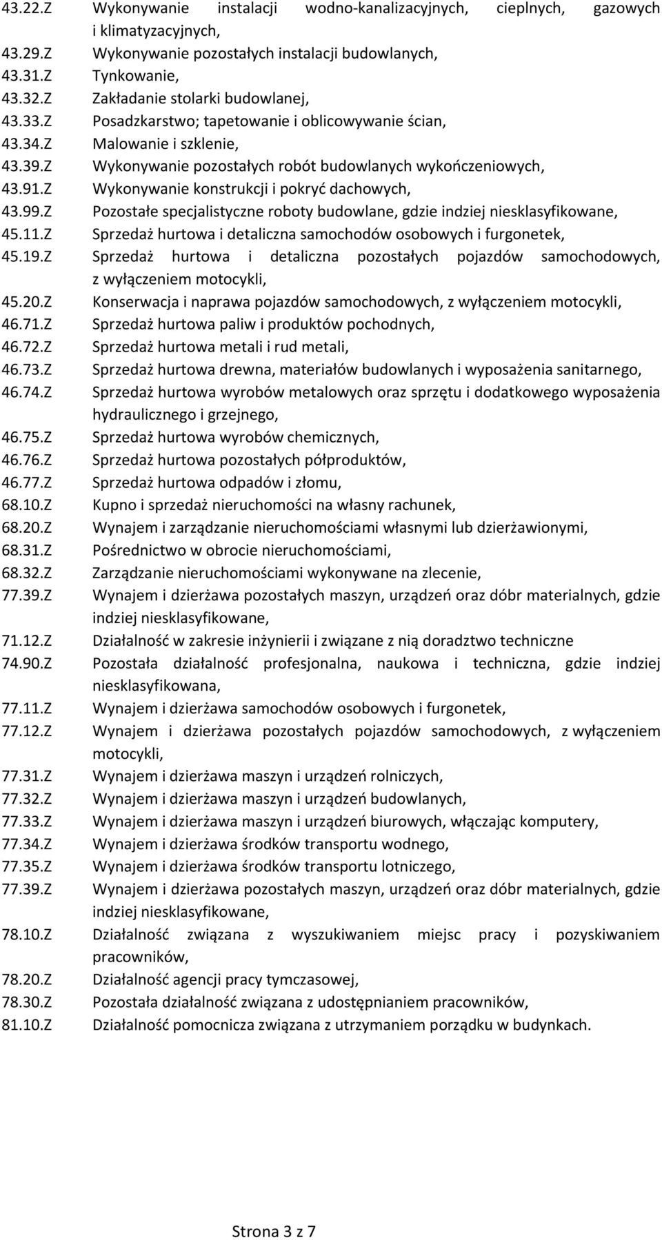 Z Wykonywanie konstrukcji i pokryć dachowych, 43.99.Z Pozostałe specjalistyczne roboty budowlane, gdzie 45.11.Z Sprzedaż hurtowa i detaliczna samochodów osobowych i furgonetek, 45.19.