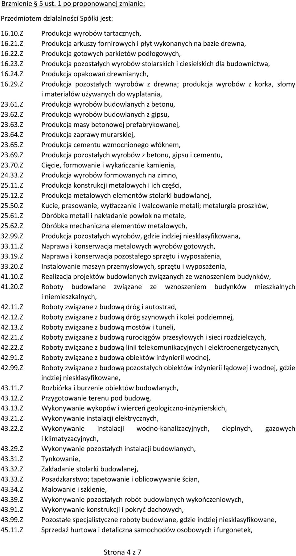 Z Produkcja pozostałych wyrobów z drewna; produkcja wyrobów z korka, słomy i materiałów używanych do wyplatania, 23.61.Z Produkcja wyrobów budowlanych z betonu, 23.62.