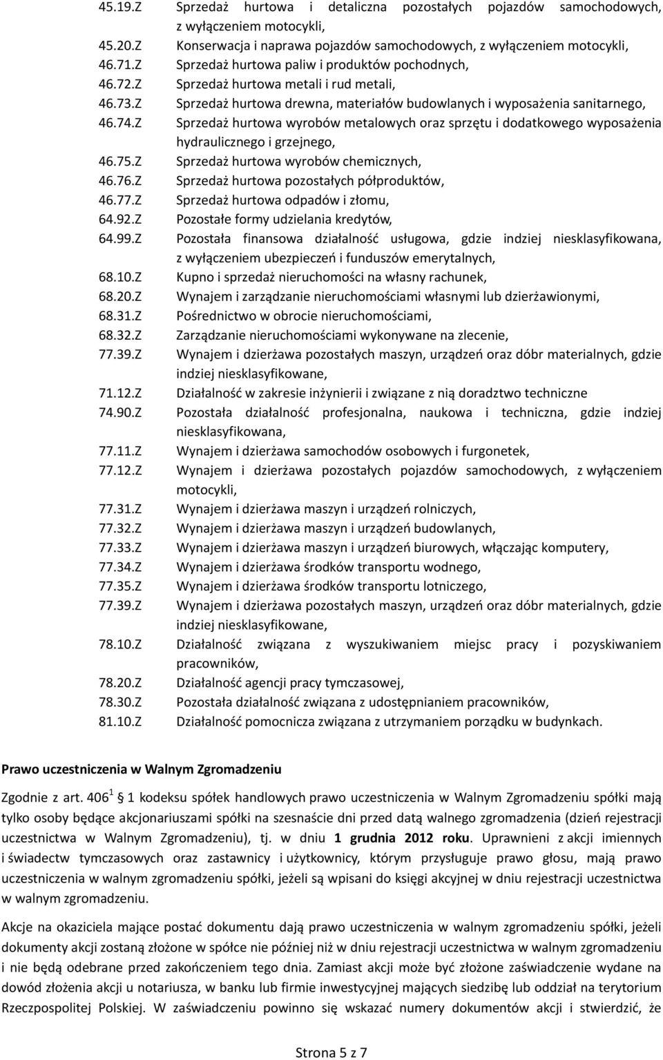 Z Sprzedaż hurtowa wyrobów metalowych oraz sprzętu i dodatkowego wyposażenia hydraulicznego i grzejnego, 46.75.Z Sprzedaż hurtowa wyrobów chemicznych, 46.76.