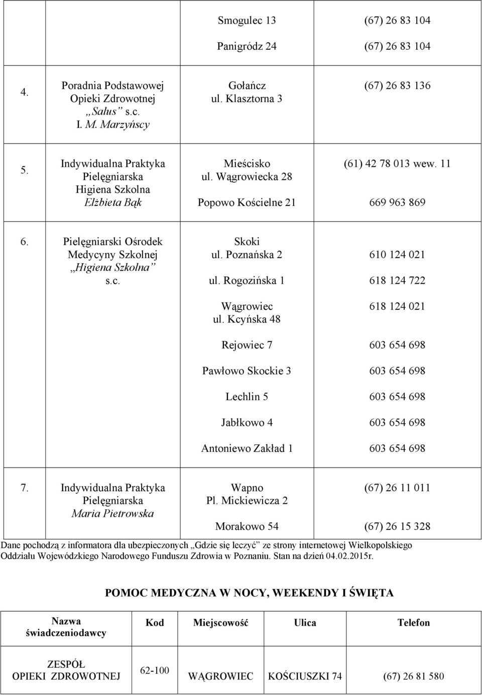 Pielęgniarski Ośrodek Medycyny Szkolnej Higiena Szkolna s.c. ul. Poznańska 2 ul. Rogozińska 1 ul.