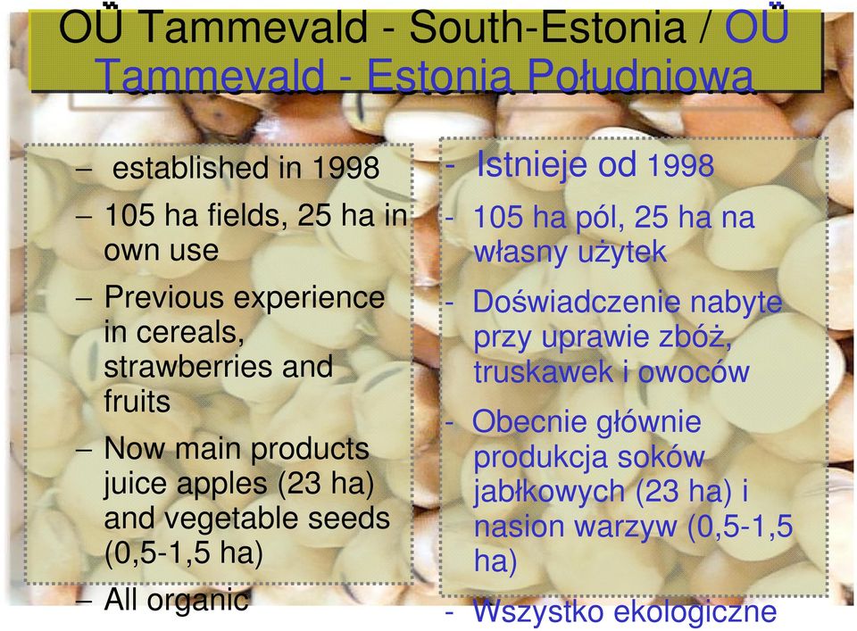 (0,5-1,5 ha) All organic - Istnieje od 1998-105 ha pól, 25 ha na własny użytek - Doświadczenie nabyte przy uprawie