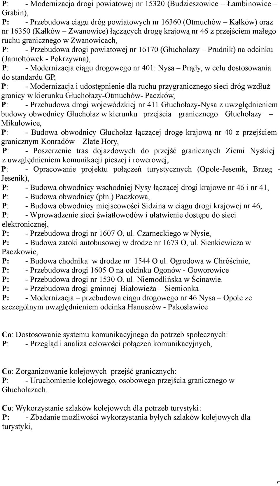 drogowego nr 401: Nysa Prądy, w celu dostosowania do standardu GP, P: - Modernizacja i udostępnienie dla ruchu przygranicznego sieci dróg wzdłuż granicy w kierunku Głuchołazy-Otmuchów- Paczków, P: -