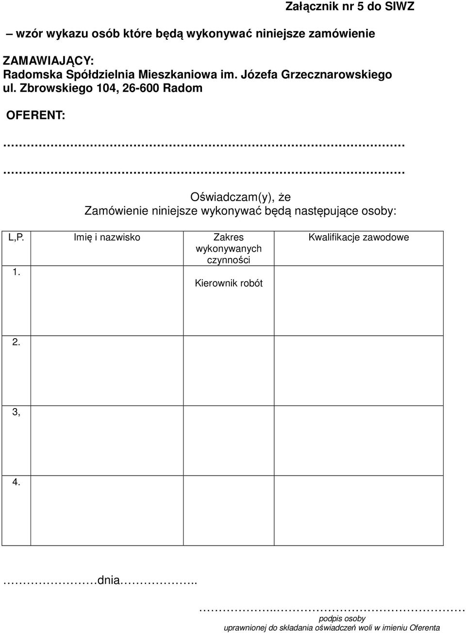 Zbrowskiego 104, 26-600 Radom OFERENT: Oświadczam(y), że Zamówienie niniejsze wykonywać będą następujące osoby: