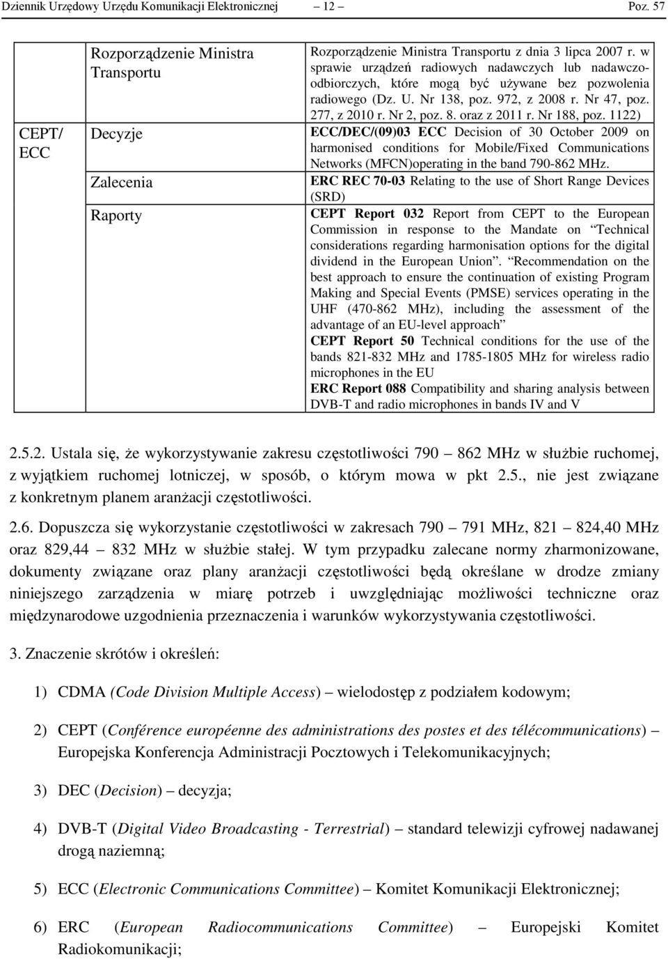 oraz z 2011 r. Nr 188, poz. 1122) ECC/DEC/(09)03 ECC Decision of 30 October 2009 on harmonised conditions for Mobile/Fixed Communications Networks (MFCN)operating in the band 790-862 MHz.