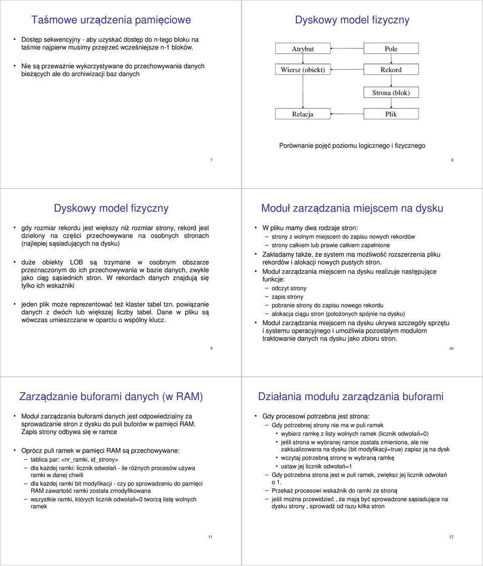 fizycznego 7 8 Dyskowy model fizyczny gdy rozmiar rekordu jest większy niż rozmiar strony, rekord jest dzielony na części przechowywane na osobnych stronach (najlepiej sąsiadujących na dysku) duże
