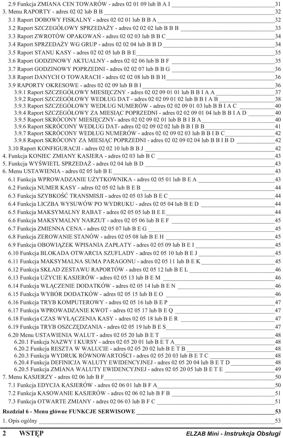 5 Raport STANU KASY - adres 02 02 05 lub B B E 35 3.6 Raport GODZINOWY AKTUALNY - adres 02 02 06 lub B B F 35 3.7 Raport GODZINOWY POPRZEDNI - adres 02 02 07 lub B B G 36 3.