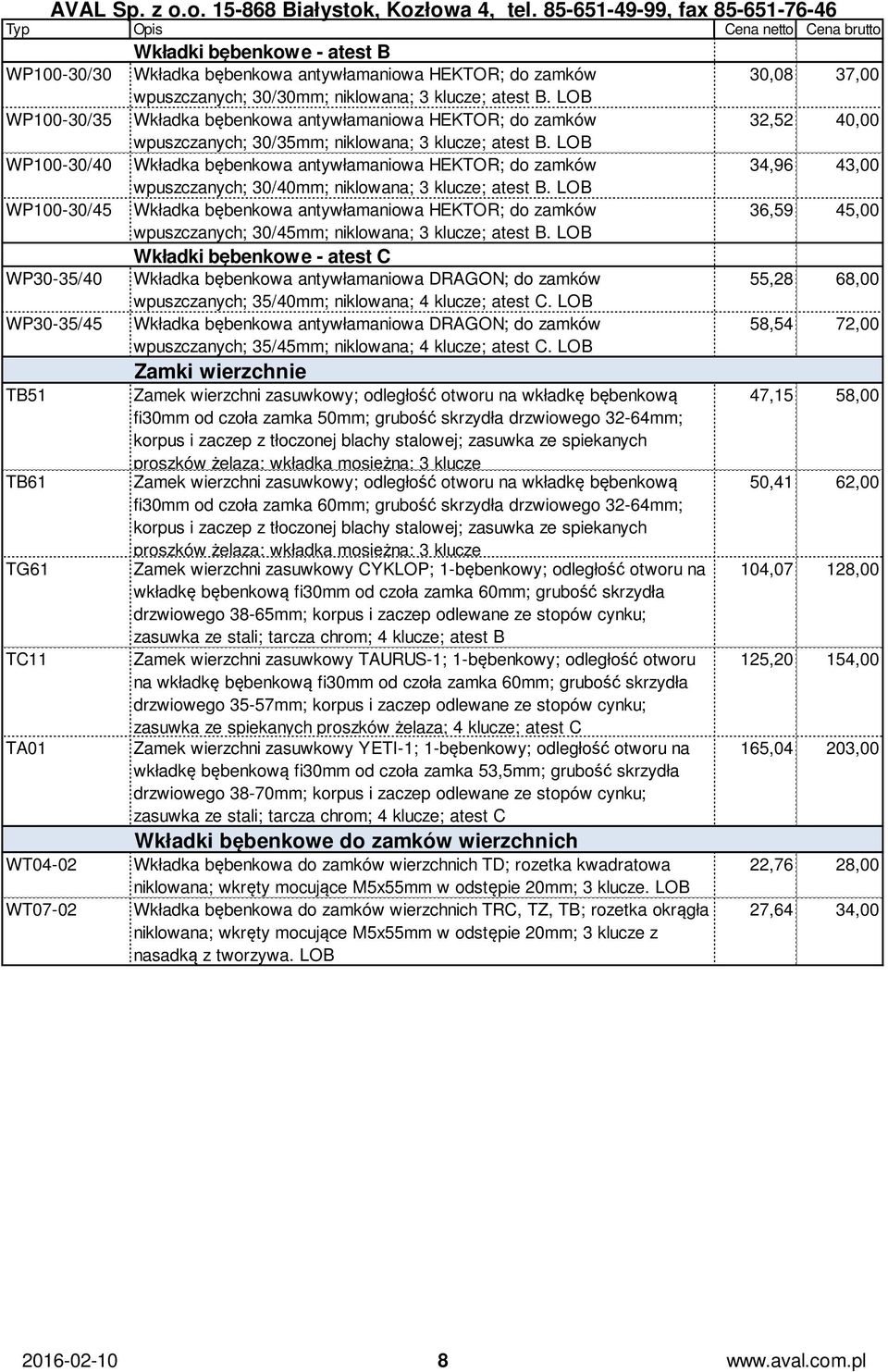 LOB WP100-30/40 Wkładka bębenkowa antywłamaniowa HEKTOR; do zamków 34,96 43,00 wpuszczanych; 30/40mm; niklowana; 3 klucze; atest B.