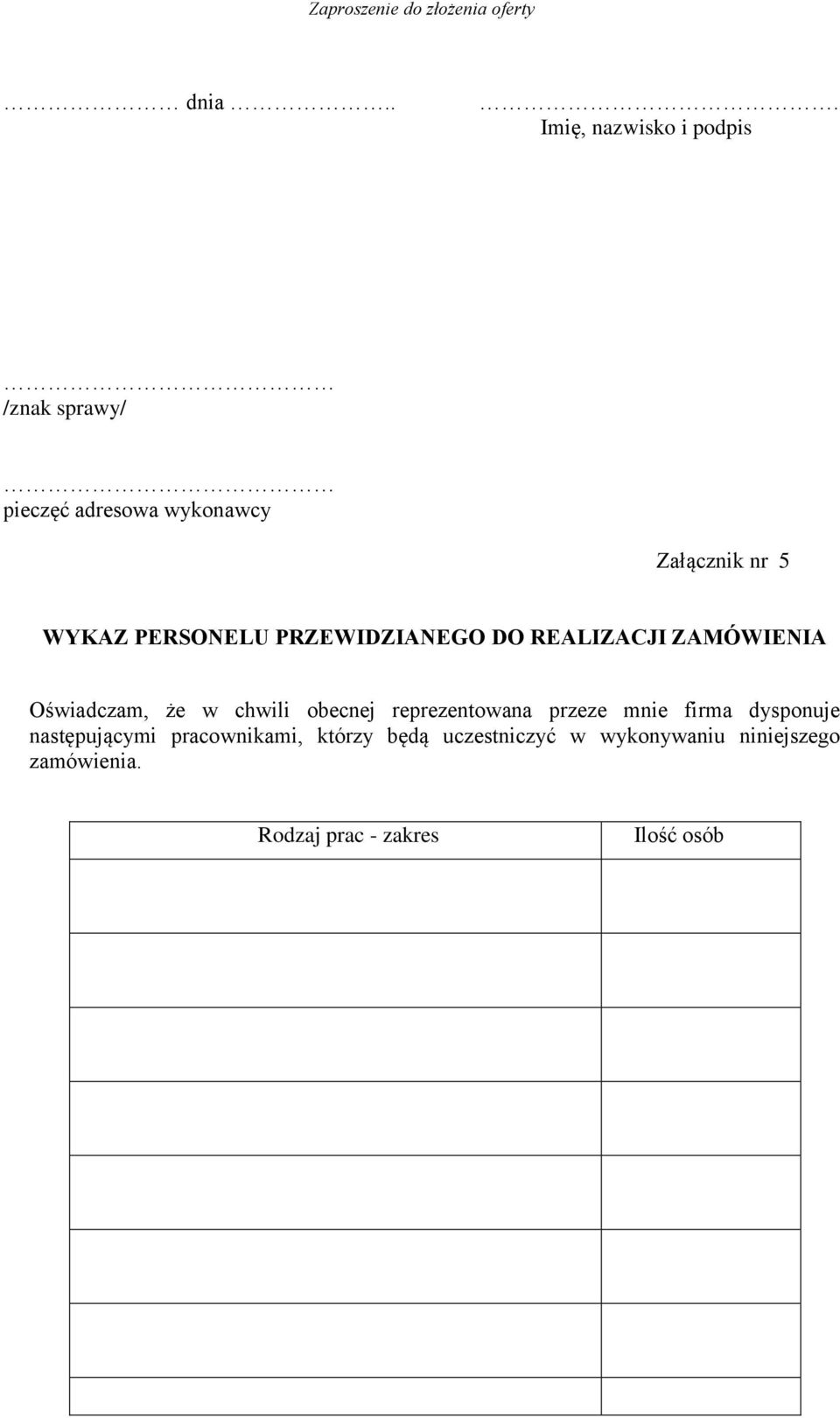 obecnej reprezentowana przeze mnie firma dysponuje następującymi pracownikami, którzy