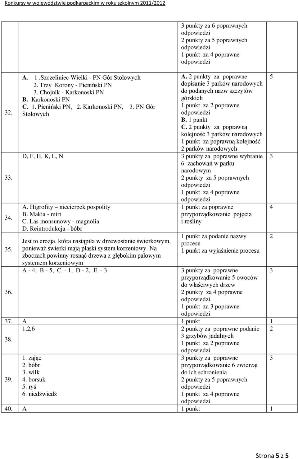 punkty za poprawną kolejność parków narodowych 1 punkt za poprawną kolejność parków narodowych D, F, H, K, L, punkty za poprawne wybranie zachowań w parku narodowym A.