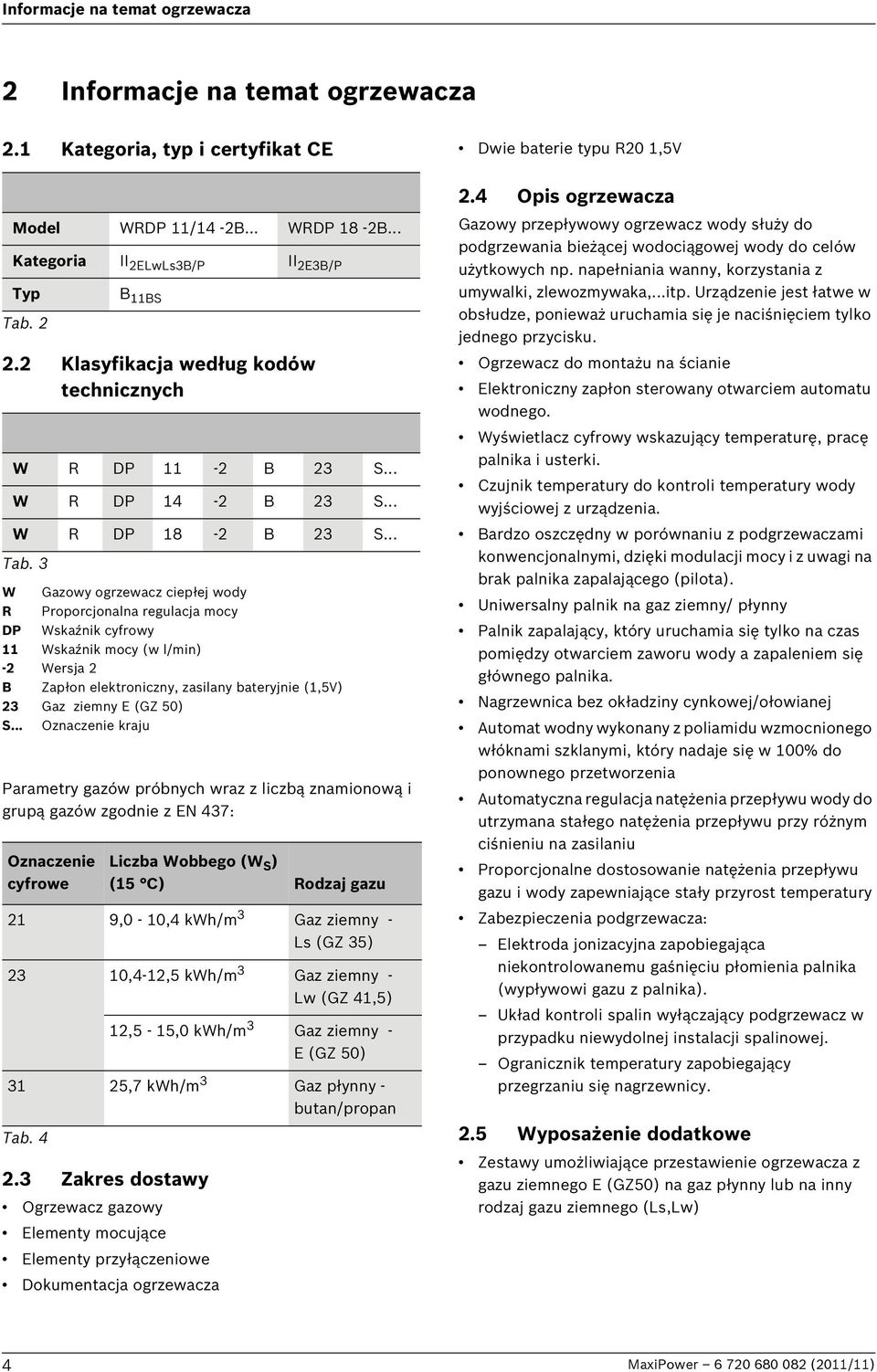 2 B 11BS 2.2 Klasyfikacja według kodów technicznych W R DP 11-2 B 23 S... W R DP 14-2 B 23 S... W R DP 18-2 B 23 S... Tab.