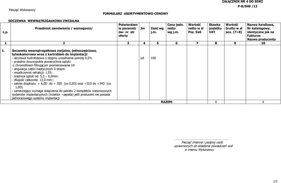 5x6 Stawka podatku VAT Wartość brutto w zł poz. (7+8) Nazwa handlowa, Nr katalogowy, identyczne jak na Fakturze Nazwa producenta 1 2 3 4 5 6 7 8 9 10 1.