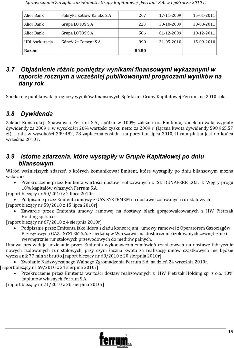 7 Objaśnienie różnic pomiędzy wynikami finansowymi wykazanymi w raporcie rocznym a wcześniej publikowanymi prognozami wyników na dany rok Spółka nie publikowała prognozy wyników finansowych Spółki