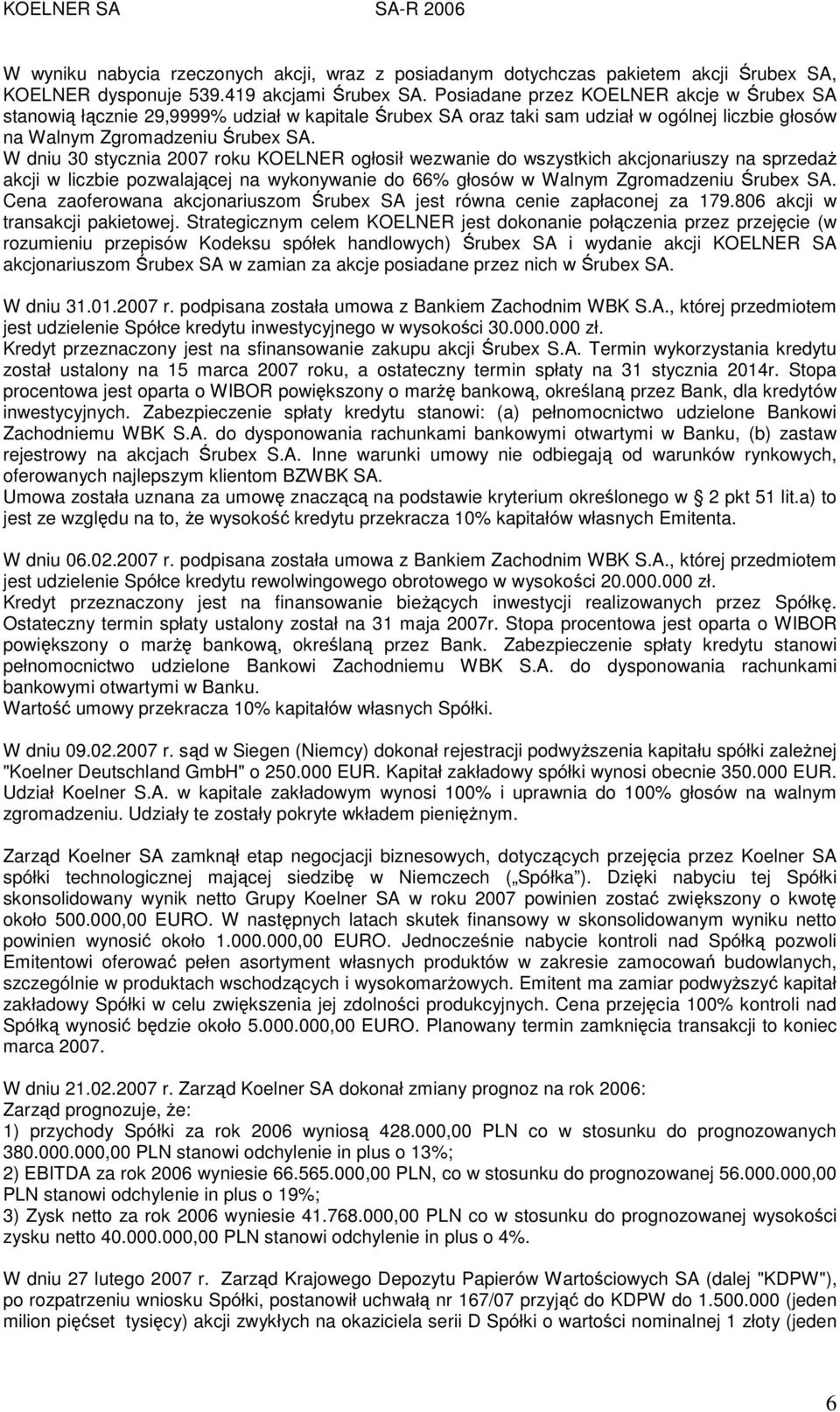 W dniu 30 stycznia 2007 roku KOELNER ogłosił wezwanie do wszystkich akcjonariuszy na sprzedaŝ akcji w liczbie pozwalającej na wykonywanie do 66% głosów w Walnym Zgromadzeniu Śrubex SA.