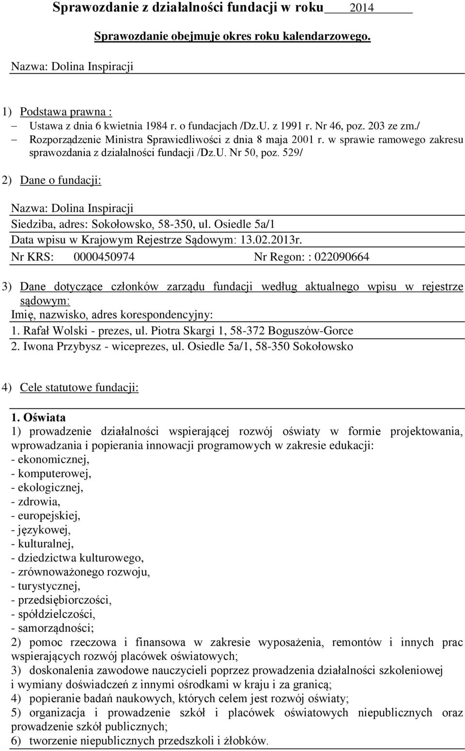 529/ 2) Dane o fundacji: Nazwa: Dolina Inspiracji Siedziba, adres: Sokołowsko, 58-350, ul. Osiedle 5a/1 Data wpisu w Krajowym Rejestrze Sądowym: 13.02.2013r.