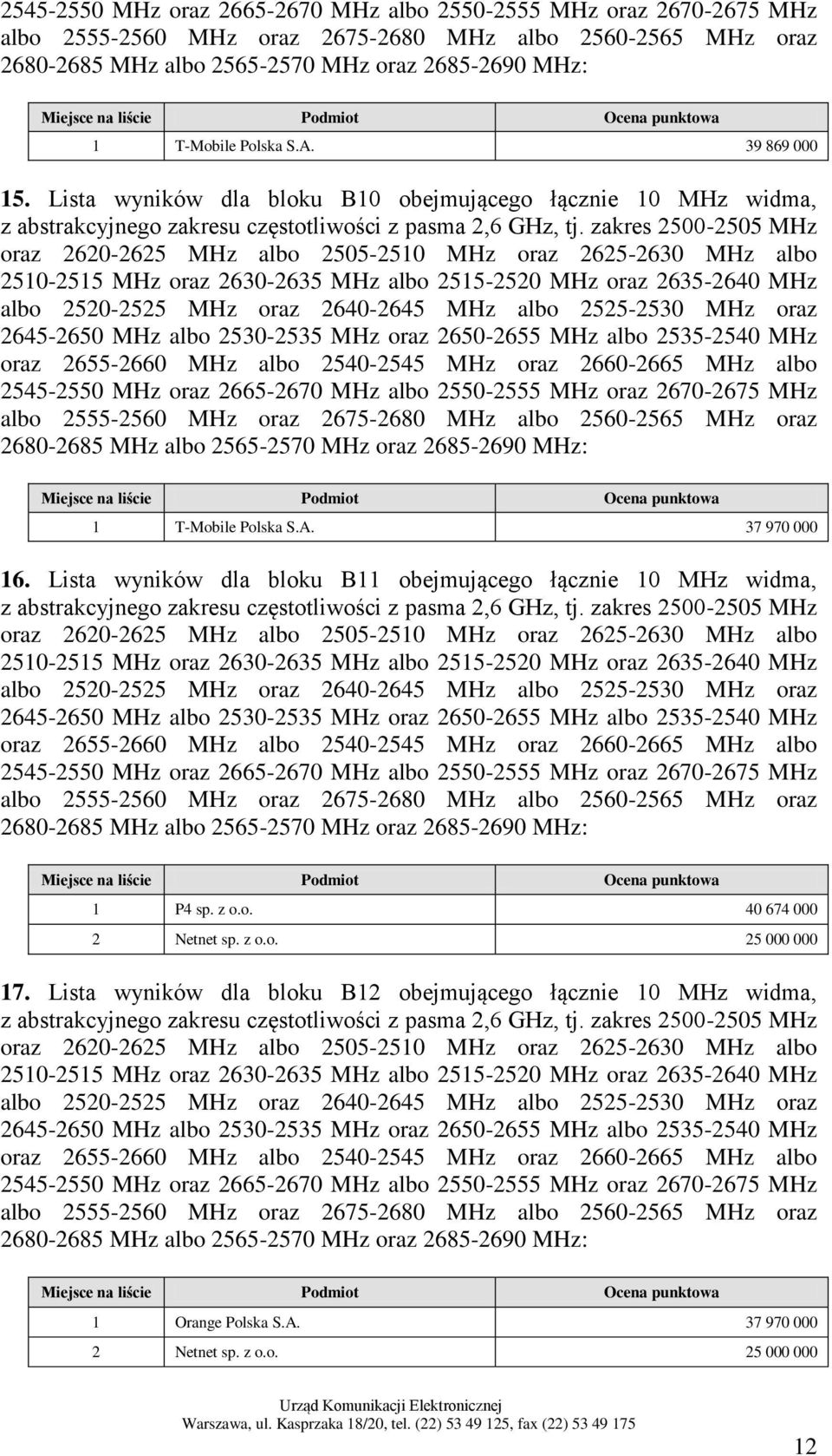 zakres 2500-2505 MHz oraz 2620-2625 MHz albo 2505-2510 MHz oraz 2625-2630 MHz albo 2510-2515 MHz oraz 2630-2635 MHz albo 2515-2520 MHz oraz 2635-2640 MHz albo 2520-2525 MHz oraz 2640-2645 MHz albo