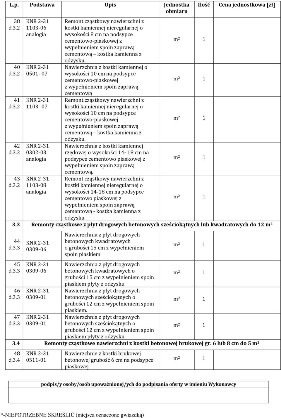 wysokości 14-18 cm na podsypce cementowo piaskowej z cementową - kostka kamienna z 3.3 Remonty cząstkowe z płyt drogowych betonowych sześciokątnych lub kwadratowych do 12 m 2 44 d.3.3 45 d.3.3 46 d.3.3 47 d.