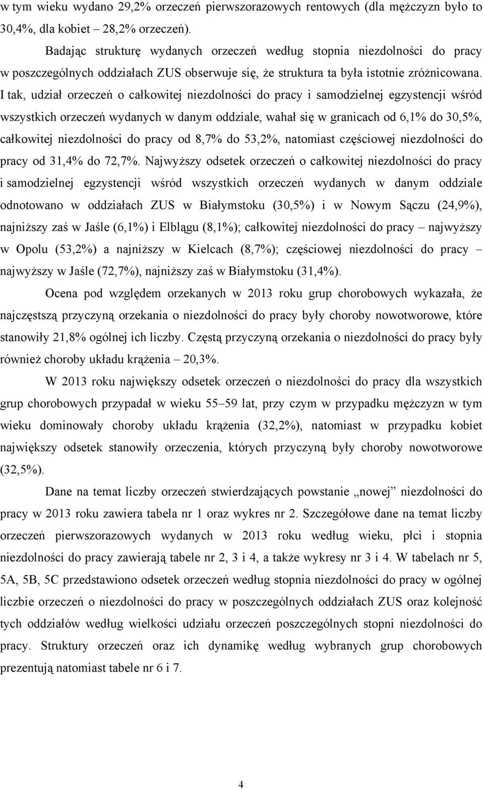 I tak, udział orzeczeń o całkowitej niezdolności do pracy i samodzielnej egzystencji wśród wszystkich orzeczeń wydanych w danym oddziale, wahał się w granicach od 6,1% do 30,5%, całkowitej