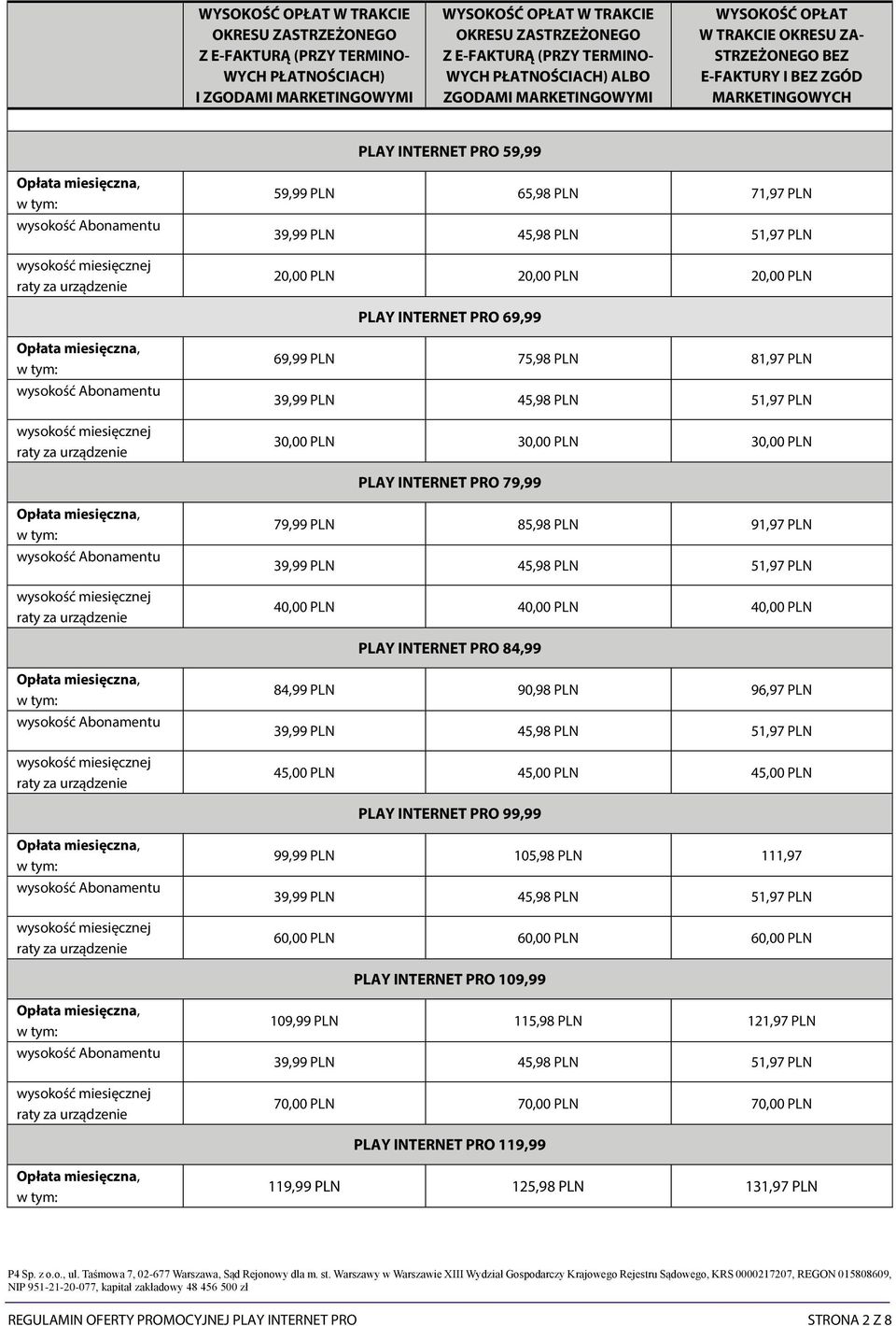 PLN 40,00 PLN 40,00 PLN 40,00 PLN PLAY INTERNET PRO 84,99 84,99 PLN 90,98 PLN 96,97 PLN 45,00 PLN 45,00 PLN 45,00 PLN PLAY INTERNET PRO 99,99 99,99 PLN 105,98 PLN 111,97 60,00 PLN 60,00 PLN 60,00 PLN