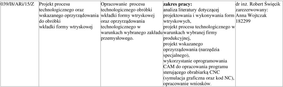 zakres pracy: analiza literatury dotyczącej projektowania i wykonywania form wtryskowych, projekt procesu technologicznego w warunkach wybranej firmy produkcyjnej, projekt