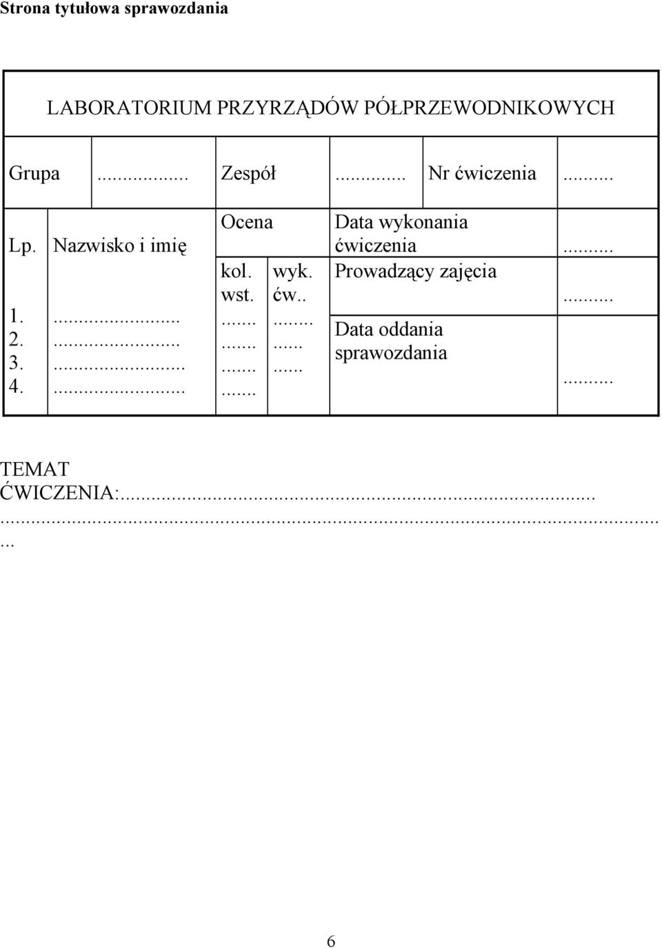 ........... Ocena kol. wst. wyk. ćw......... Data wykonania ćwiczenia.