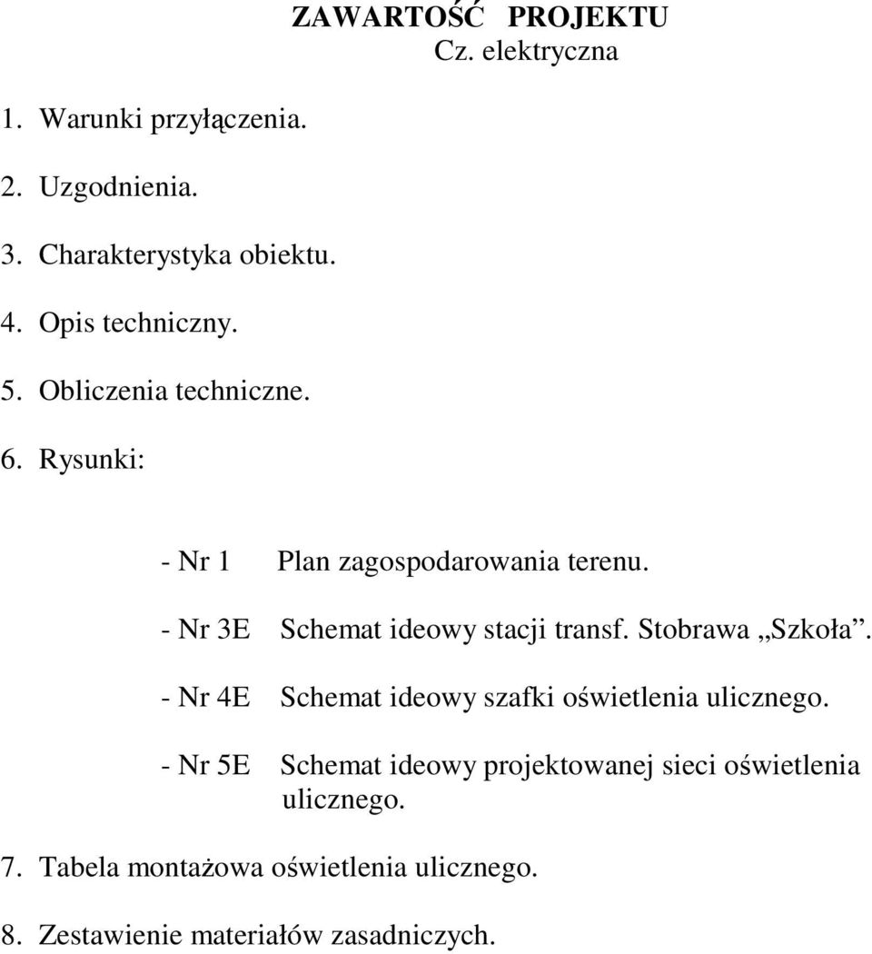 - Nr 3E Schemat ideowy stacji transf. Stobrawa Szkoła. - Nr 4E Schemat ideowy szafki owietlenia ulicznego.