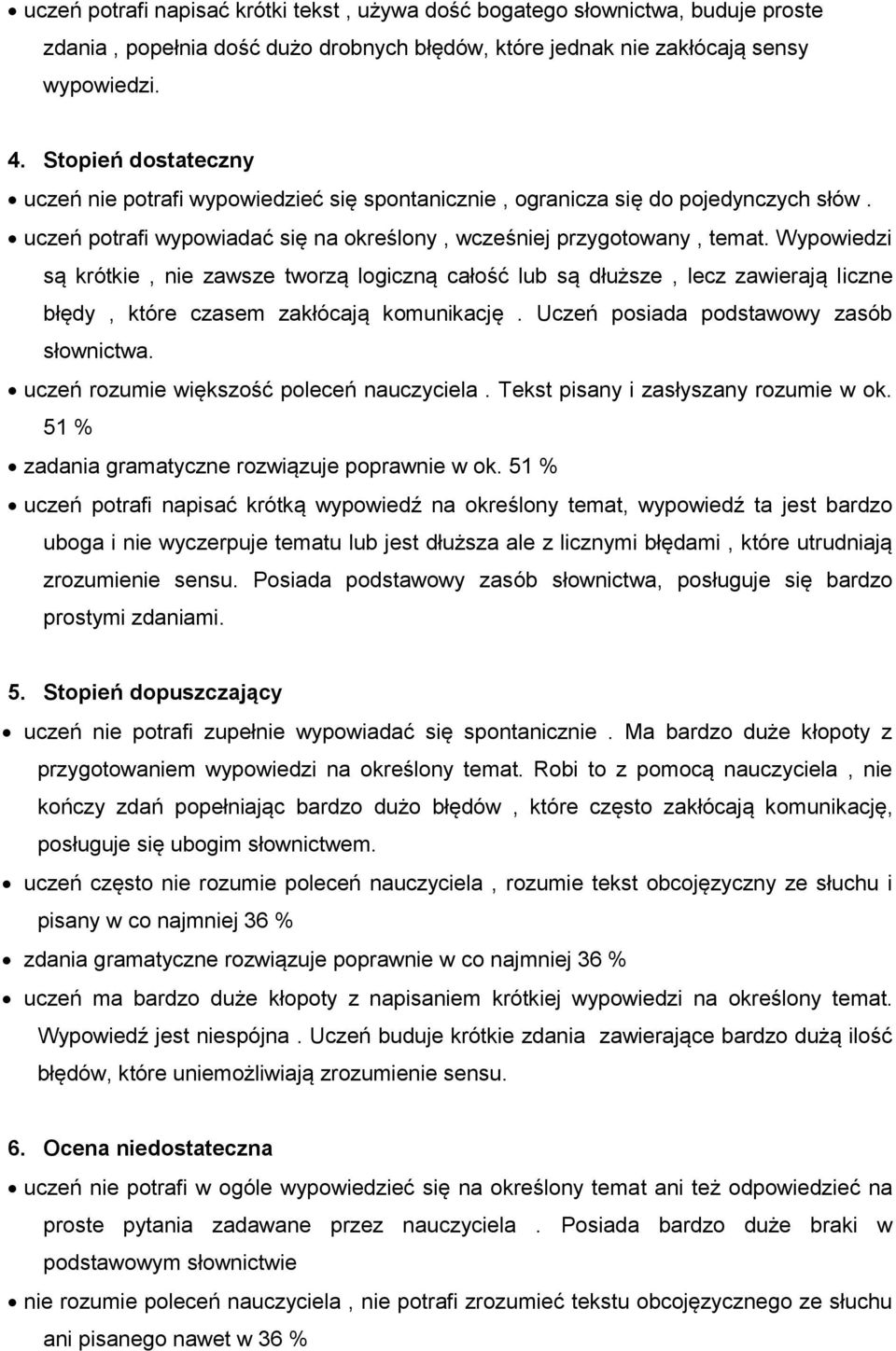 Wypowiedzi są krótkie, nie zawsze tworzą logiczną całość lub są dłuższe, lecz zawierają liczne błędy, które czasem zakłócają komunikację. Uczeń posiada podstawowy zasób słownictwa.