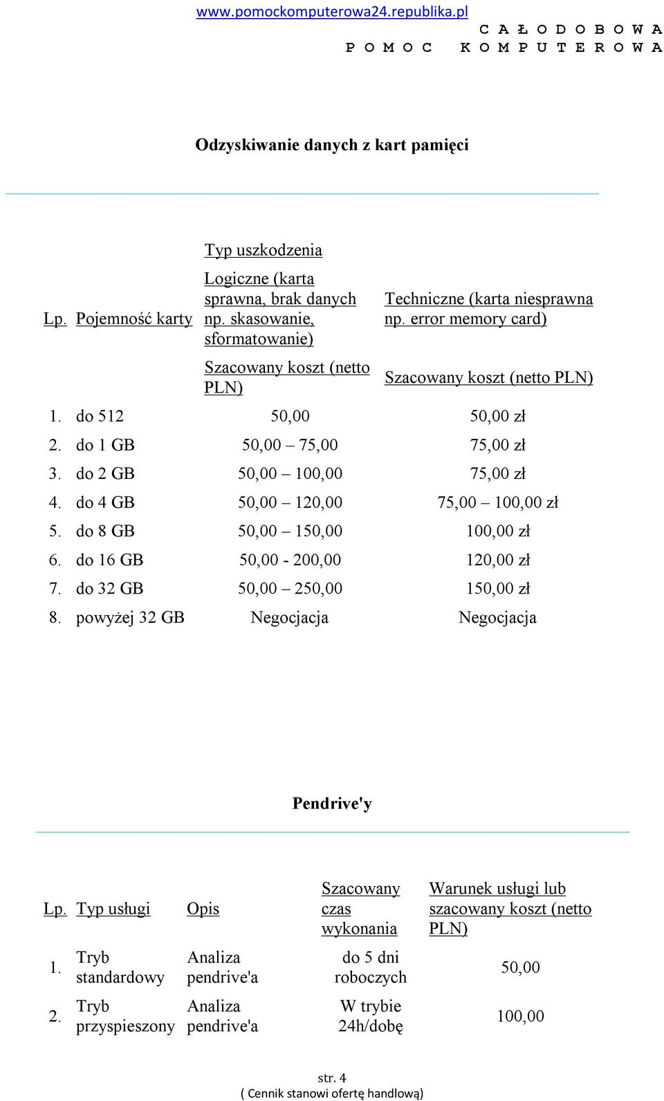 error memory card) koszt (netto do 512 zł do 1 GB 75,00 75,00 zł 3. do 2 GB 75,00 zł 4. do 4 GB 120,00 75,00 zł 5.