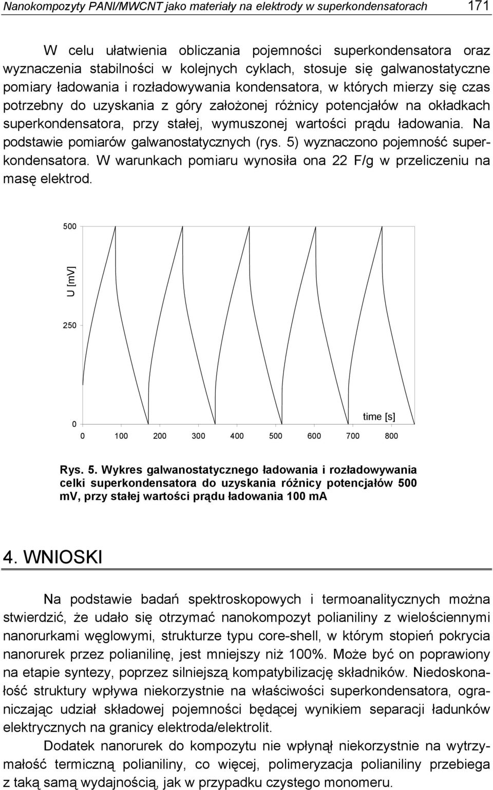 wymuszonej wartości prądu ładowania. Na podstawie pomiarów galwanostatycznych (rys. 5) wyznaczono pojemność superkondensatora. W warunkach pomiaru wynosiła ona 22 F/g w przeliczeniu na masę elektrod.