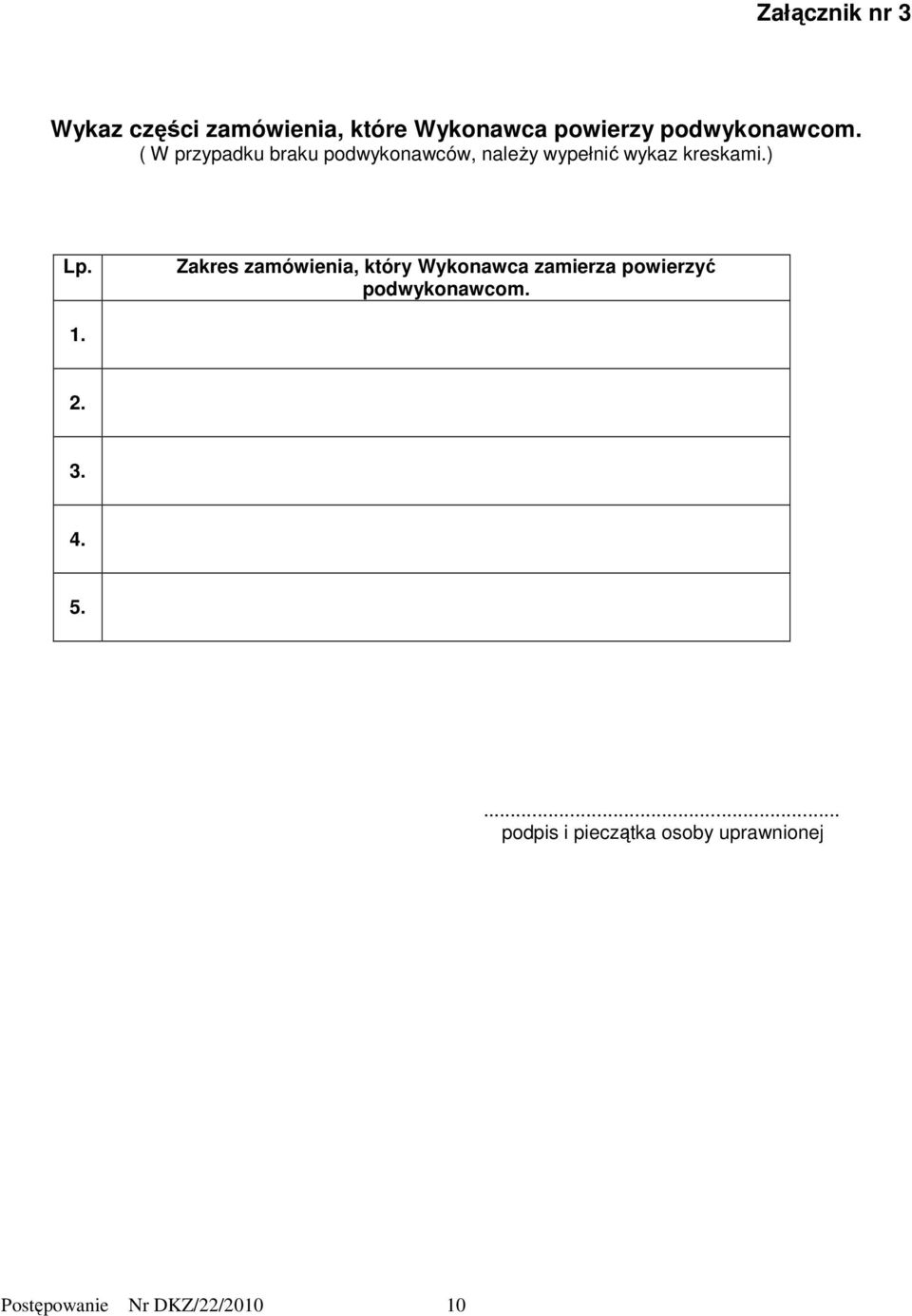 ( W przypadku braku podwykonawców, naleŝy wypełnić wykaz kreskami.) Lp.