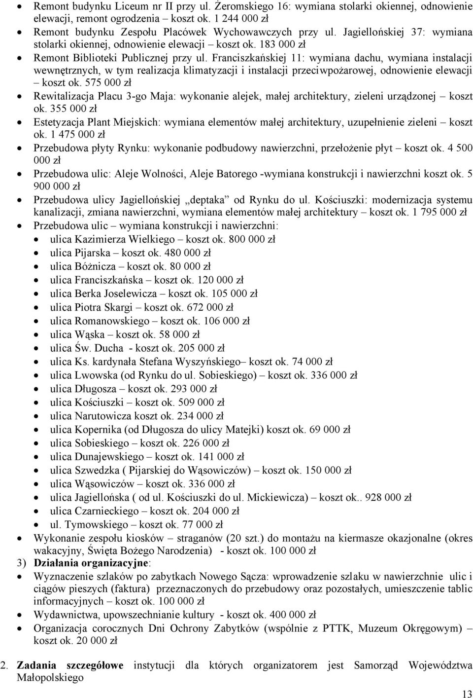 Franciszkańskiej 11: wymiana dachu, wymiana instalacji wewnętrznych, w tym realizacja klimatyzacji i instalacji przeciwpożarowej, odnowienie elewacji koszt ok.