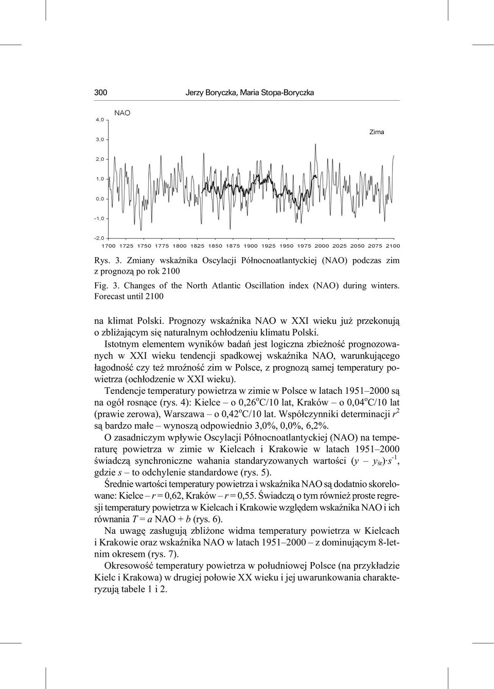 Istotnym elementem wyników badañ jest logiczna zbie noœæ prognozowanych w XXI wieku tendencji spadkowej wskaÿnika NAO, warunkuj¹cego ³agod noœæ czy te mro Ÿ noœæ zim w Pol sce, z pro gnoz¹ sa mej tem