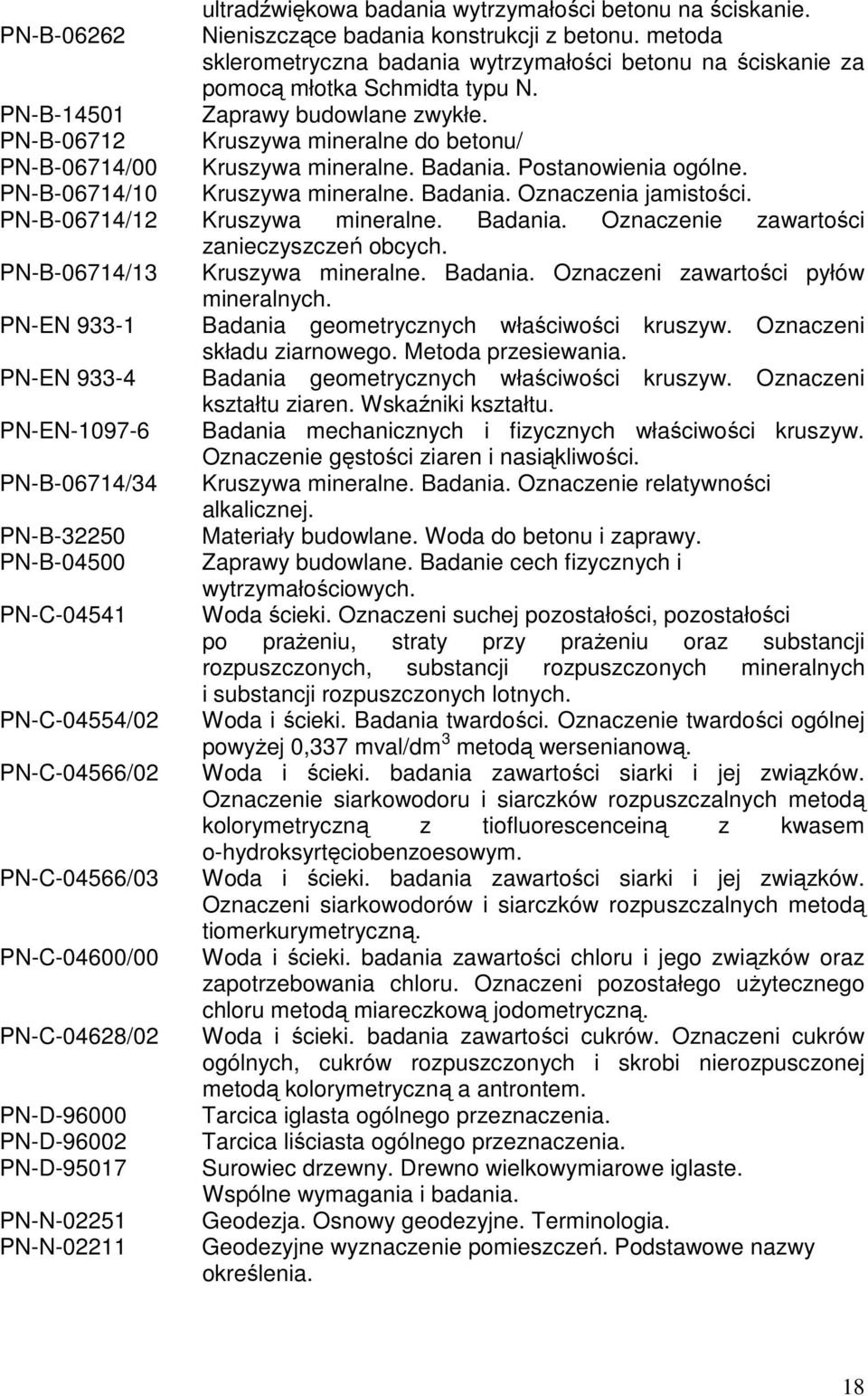 PN-B-06712 Kruszywa mineralne do betonu/ PN-B-06714/00 Kruszywa mineralne. Badania. Postanowienia ogólne. PN-B-06714/10 Kruszywa mineralne. Badania. Oznaczenia jamistości.