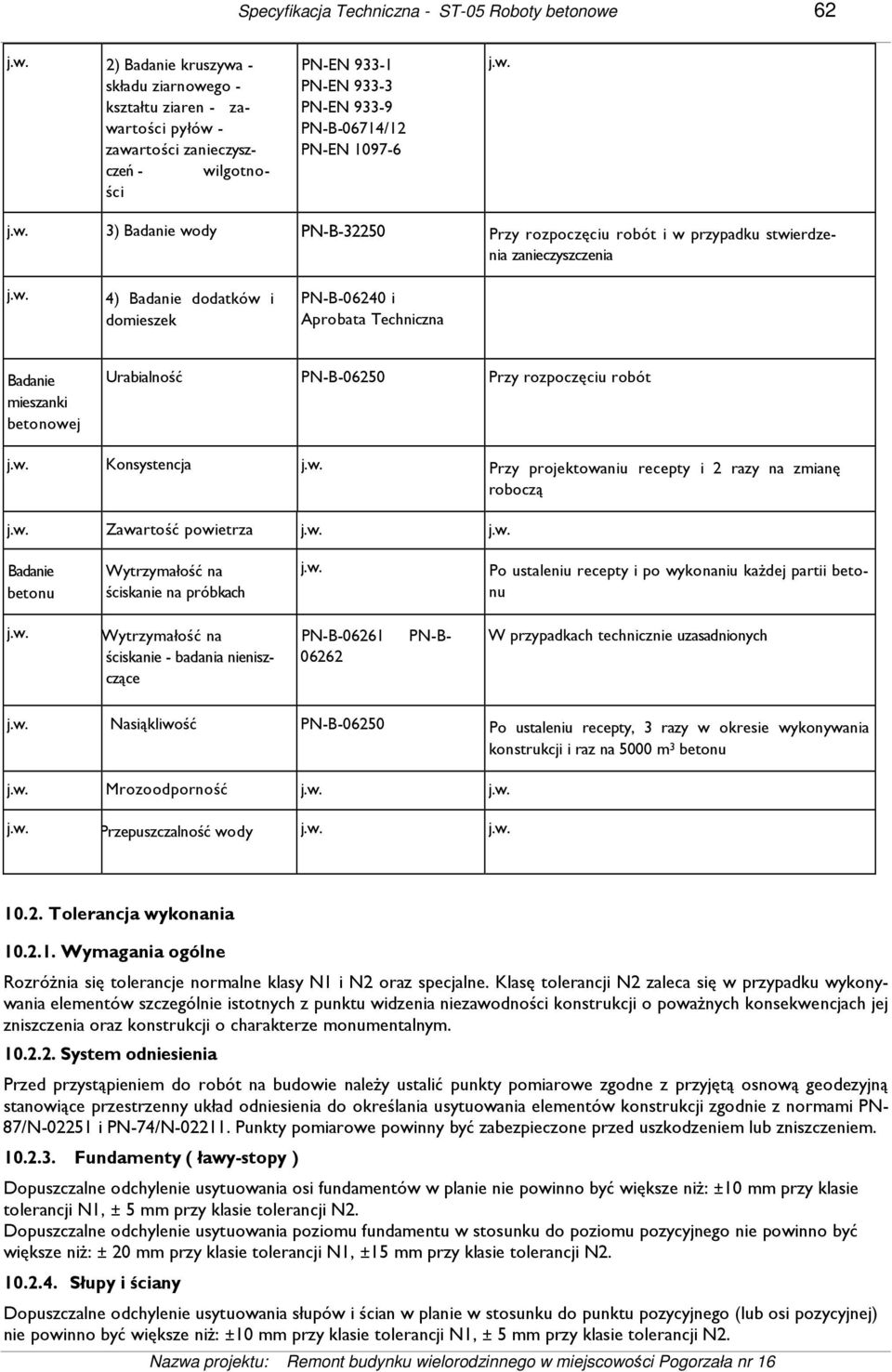 w. 4) Badanie dodatków i domieszek PN-B-06240 i Aprobata Techniczna Badanie mieszanki betonowej Urabialność PN-B-06250 Przy rozpoczęciu robót j.w. Konsystencja j.w. Przy projektowaniu recepty i 2 razy na zmianę roboczą j.