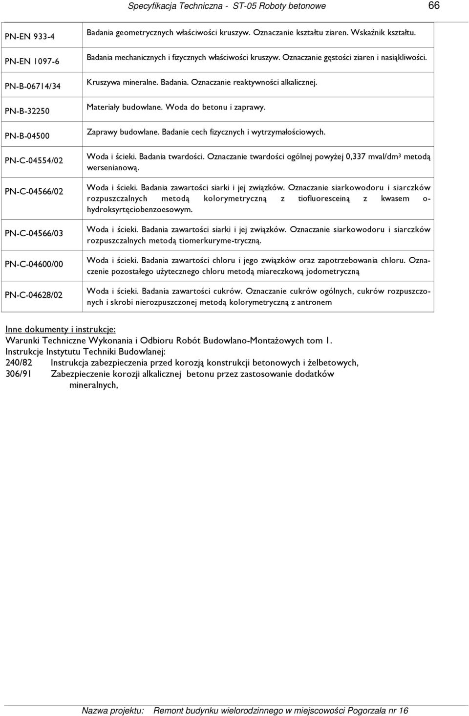 Kruszywa mineralne. Badania. Oznaczanie reaktywności alkalicznej. Materiały budowlane. Woda do betonu i zaprawy. Zaprawy budowlane. Badanie cech fizycznych i wytrzymałościowych. Woda i ścieki.