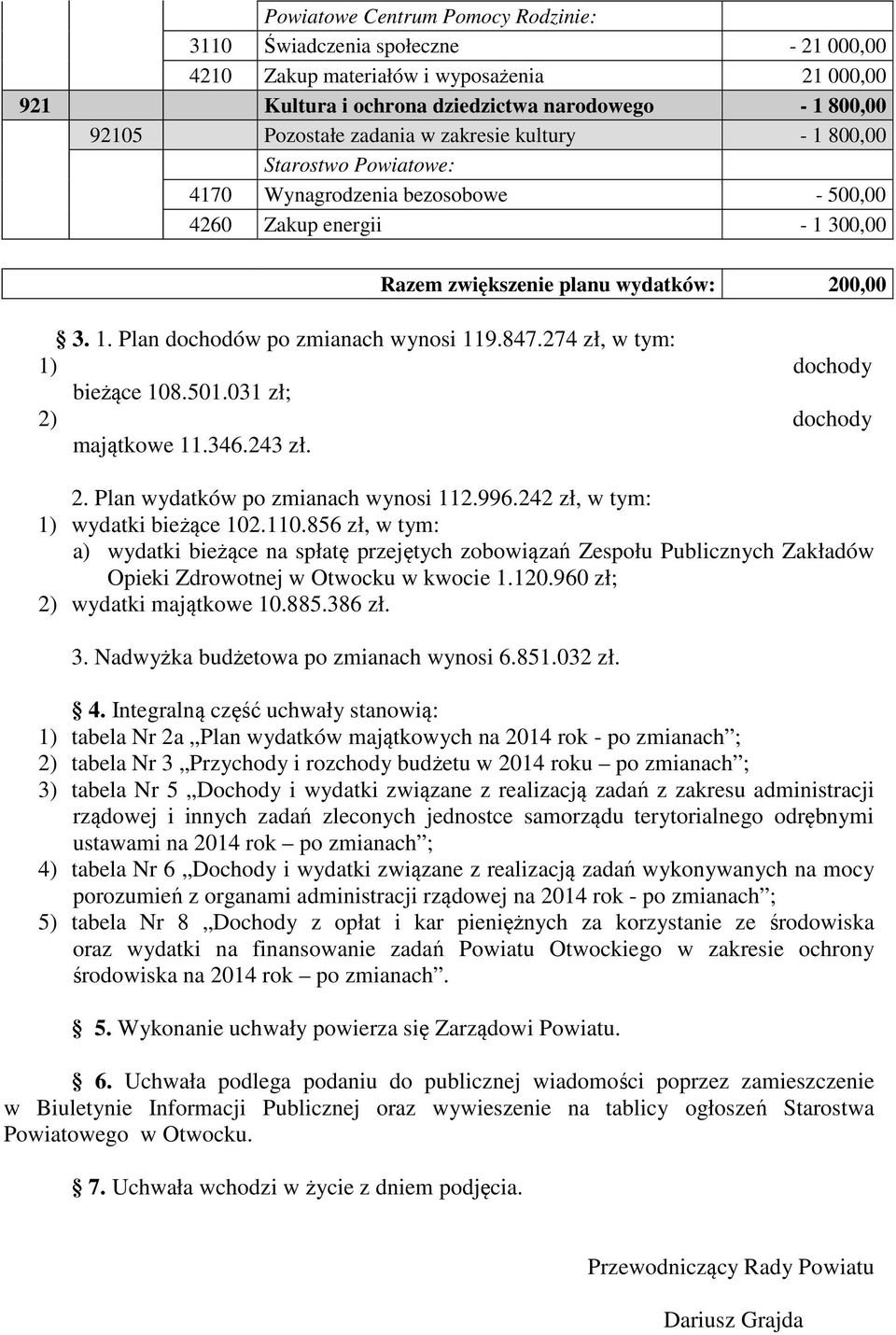 847.274 zł, w tym: 1) dochody bieżące 108.501.031 zł; 2) dochody majątkowe 11.346.243 zł. 2. Plan wydatków po zmianach wynosi 112.996.242 zł, w tym: 1) wydatki bieżące 102.110.